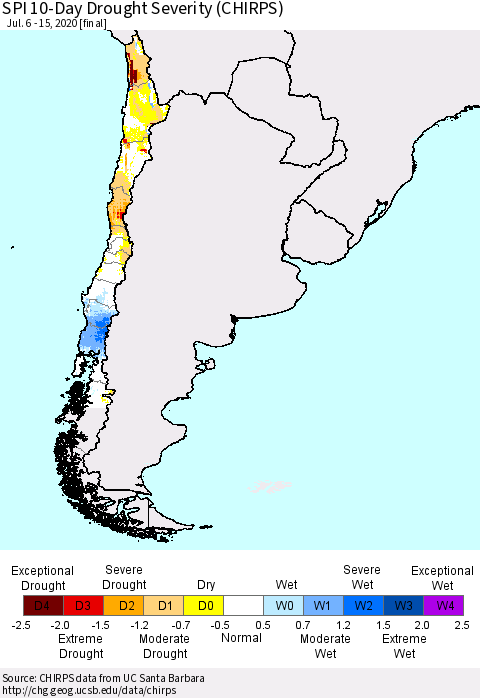 Chile SPI 10-Day Drought Severity (CHIRPS) Thematic Map For 7/6/2020 - 7/15/2020