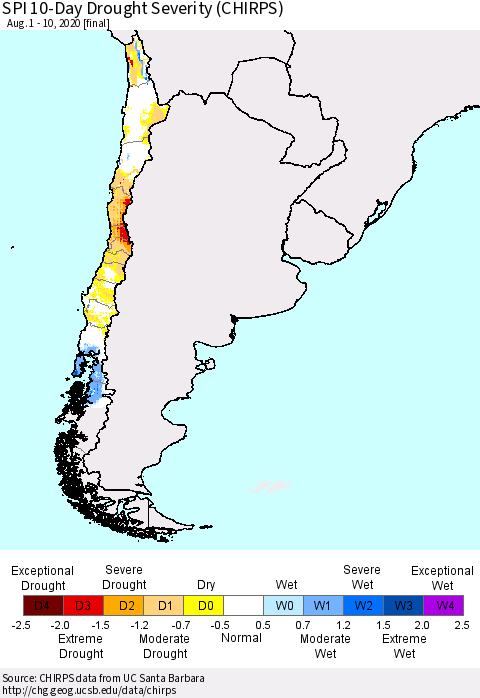Chile SPI 10-Day Drought Severity (CHIRPS) Thematic Map For 8/1/2020 - 8/10/2020