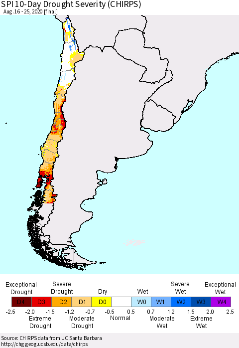Chile SPI 10-Day Drought Severity (CHIRPS) Thematic Map For 8/16/2020 - 8/25/2020