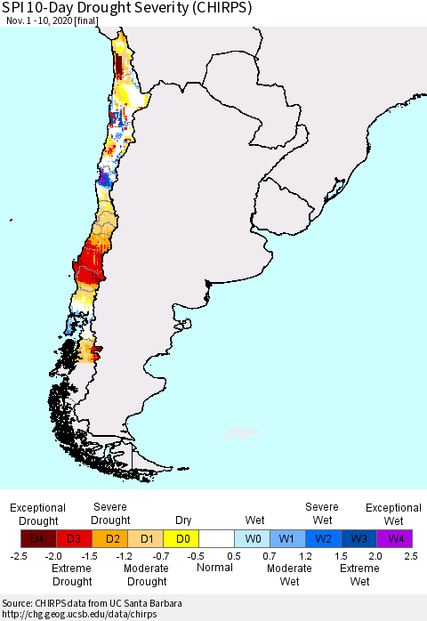 Chile SPI 10-Day Drought Severity (CHIRPS) Thematic Map For 11/1/2020 - 11/10/2020