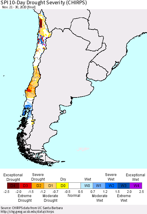 Chile SPI 10-Day Drought Severity (CHIRPS) Thematic Map For 11/21/2020 - 11/30/2020