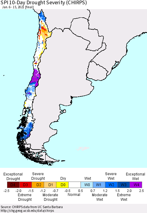 Chile SPI 10-Day Drought Severity (CHIRPS) Thematic Map For 1/6/2021 - 1/15/2021