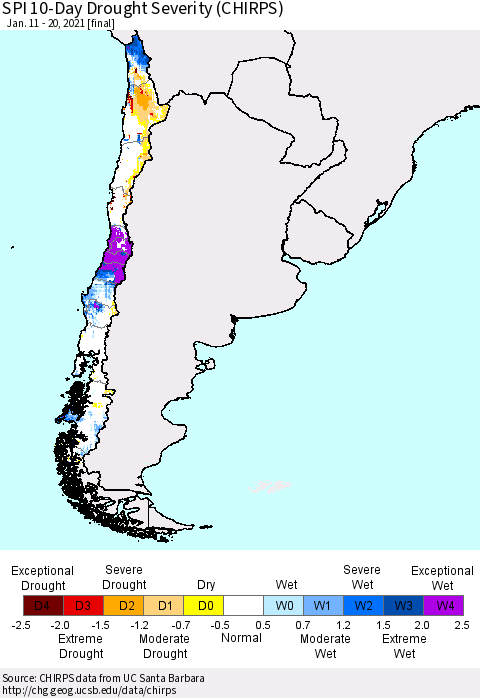 Chile SPI 10-Day Drought Severity (CHIRPS) Thematic Map For 1/11/2021 - 1/20/2021