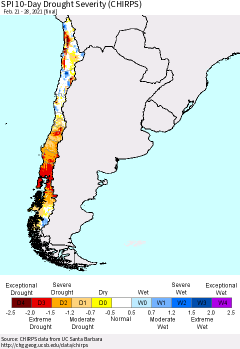 Chile SPI 10-Day Drought Severity (CHIRPS) Thematic Map For 2/21/2021 - 2/28/2021