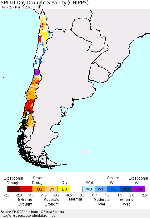 Chile SPI 10-Day Drought Severity (CHIRPS) Thematic Map For 2/26/2021 - 3/5/2021
