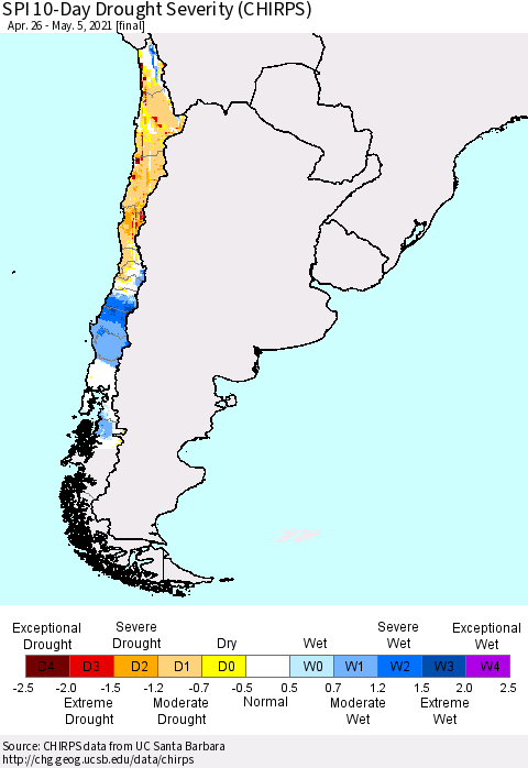 Chile SPI 10-Day Drought Severity (CHIRPS) Thematic Map For 4/26/2021 - 5/5/2021