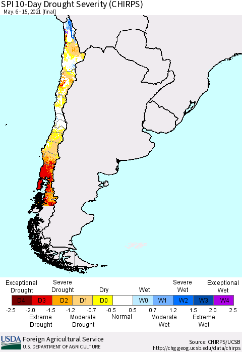 Chile SPI 10-Day Drought Severity (CHIRPS) Thematic Map For 5/6/2021 - 5/15/2021