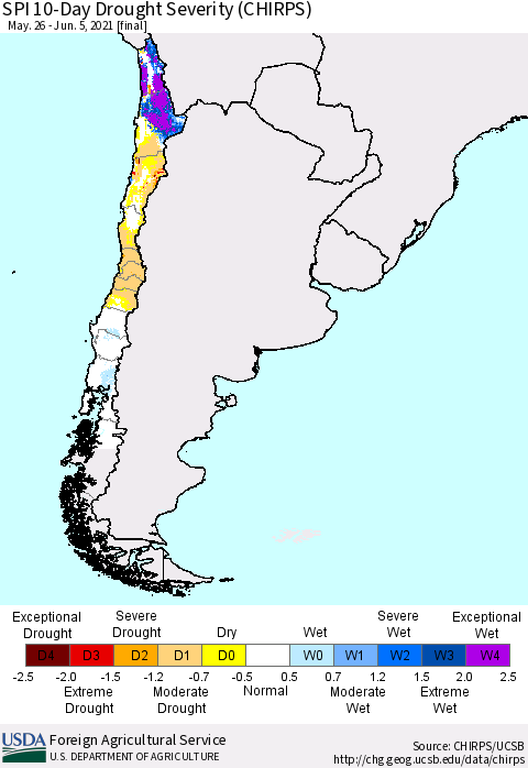 Chile SPI 10-Day Drought Severity (CHIRPS) Thematic Map For 5/26/2021 - 6/5/2021