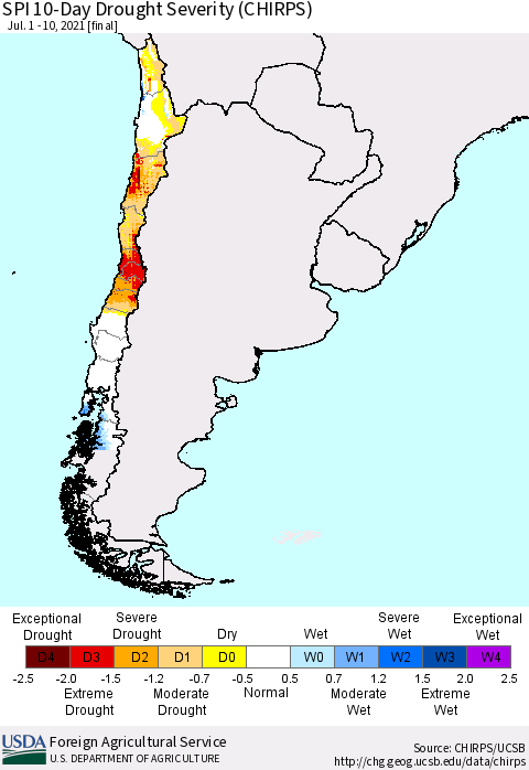 Chile SPI 10-Day Drought Severity (CHIRPS) Thematic Map For 7/1/2021 - 7/10/2021