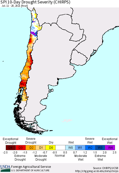 Chile SPI 10-Day Drought Severity (CHIRPS) Thematic Map For 7/11/2021 - 7/20/2021
