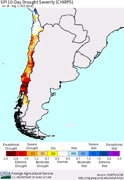 Chile SPI 10-Day Drought Severity (CHIRPS) Thematic Map For 7/26/2021 - 8/5/2021