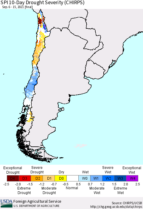 Chile SPI 10-Day Drought Severity (CHIRPS) Thematic Map For 9/6/2021 - 9/15/2021