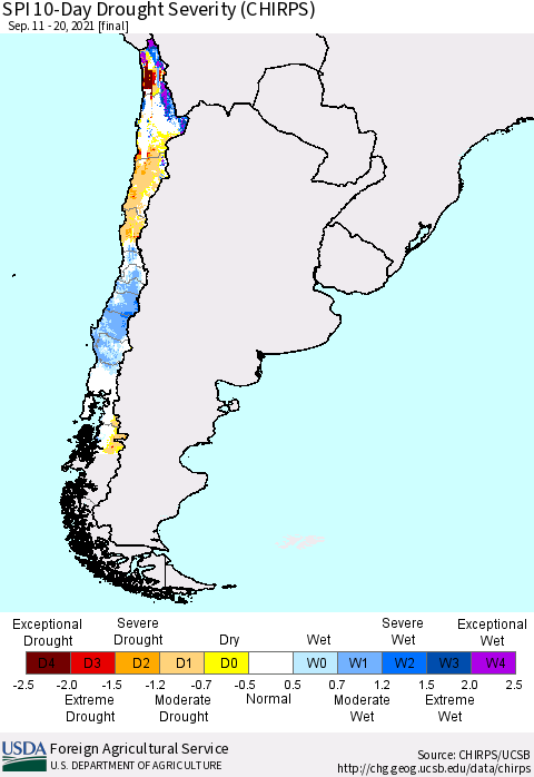 Chile SPI 10-Day Drought Severity (CHIRPS) Thematic Map For 9/11/2021 - 9/20/2021