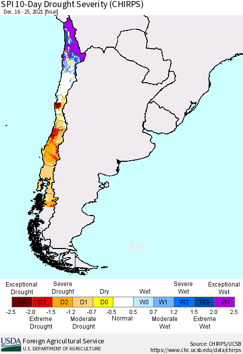 Chile SPI 10-Day Drought Severity (CHIRPS) Thematic Map For 12/16/2021 - 12/25/2021
