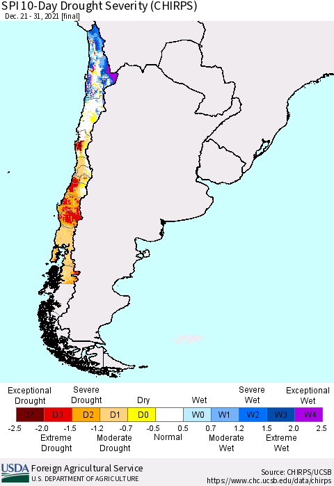 Chile SPI 10-Day Drought Severity (CHIRPS) Thematic Map For 12/21/2021 - 12/31/2021
