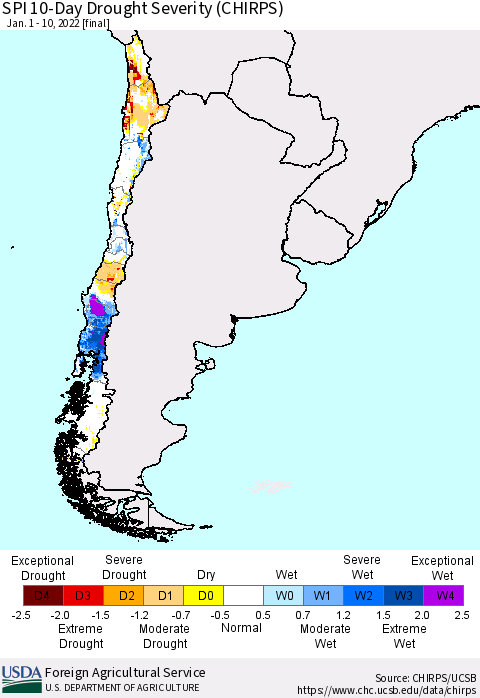 Chile SPI 10-Day Drought Severity (CHIRPS) Thematic Map For 1/1/2022 - 1/10/2022