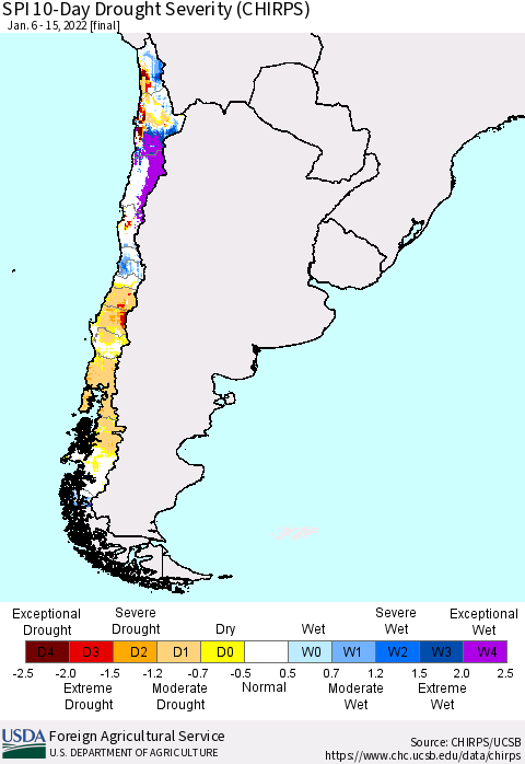 Chile SPI 10-Day Drought Severity (CHIRPS) Thematic Map For 1/6/2022 - 1/15/2022