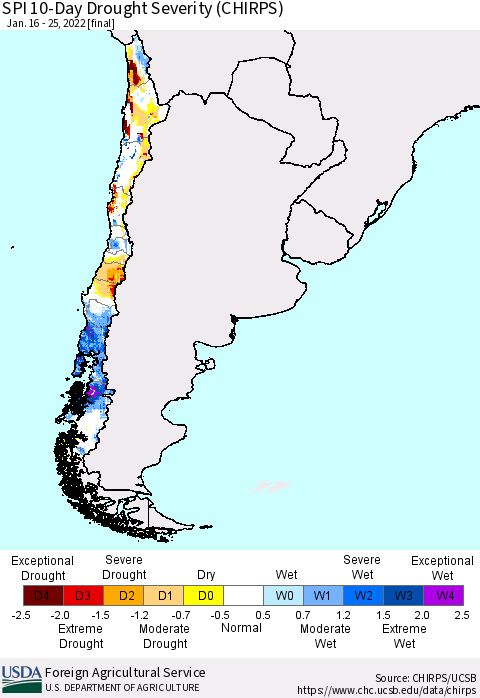 Chile SPI 10-Day Drought Severity (CHIRPS) Thematic Map For 1/16/2022 - 1/25/2022