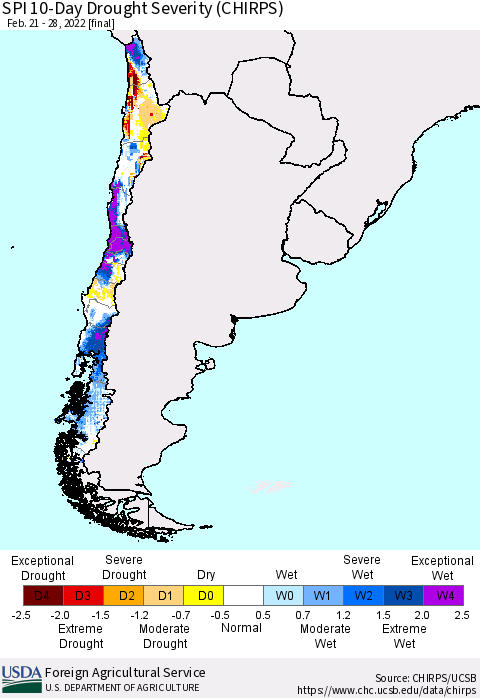 Chile SPI 10-Day Drought Severity (CHIRPS) Thematic Map For 2/21/2022 - 2/28/2022