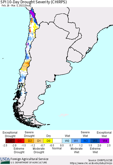 Chile SPI 10-Day Drought Severity (CHIRPS) Thematic Map For 2/26/2022 - 3/5/2022