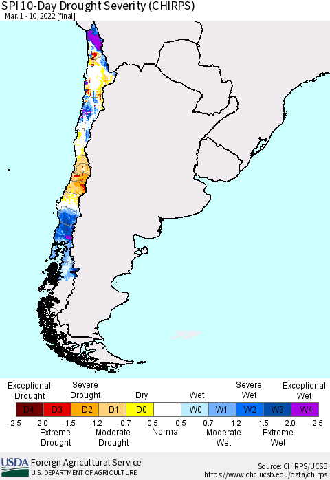 Chile SPI 10-Day Drought Severity (CHIRPS) Thematic Map For 3/1/2022 - 3/10/2022