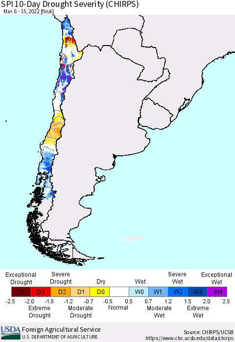 Chile SPI 10-Day Drought Severity (CHIRPS) Thematic Map For 3/6/2022 - 3/15/2022
