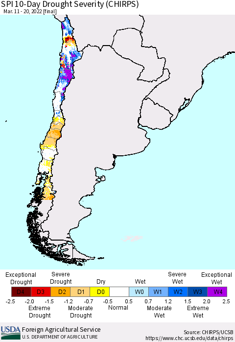 Chile SPI 10-Day Drought Severity (CHIRPS) Thematic Map For 3/11/2022 - 3/20/2022