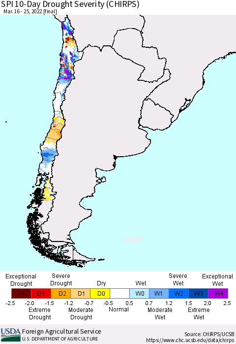 Chile SPI 10-Day Drought Severity (CHIRPS) Thematic Map For 3/16/2022 - 3/25/2022