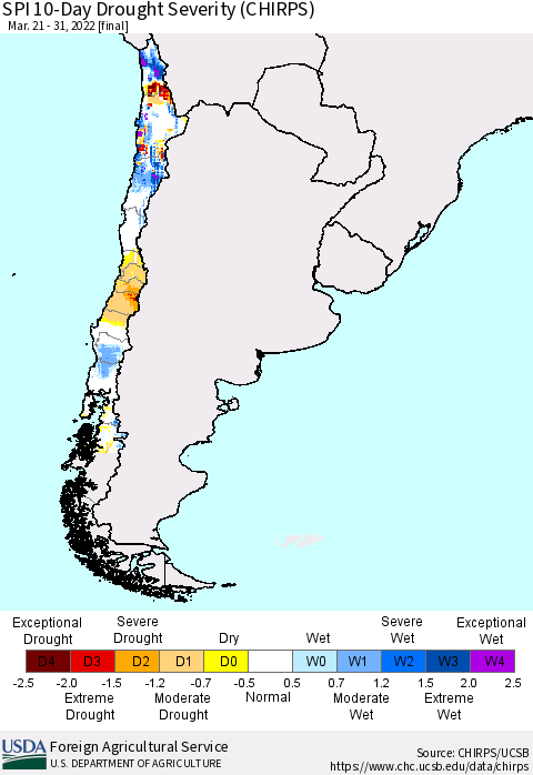 Chile SPI 10-Day Drought Severity (CHIRPS) Thematic Map For 3/21/2022 - 3/31/2022