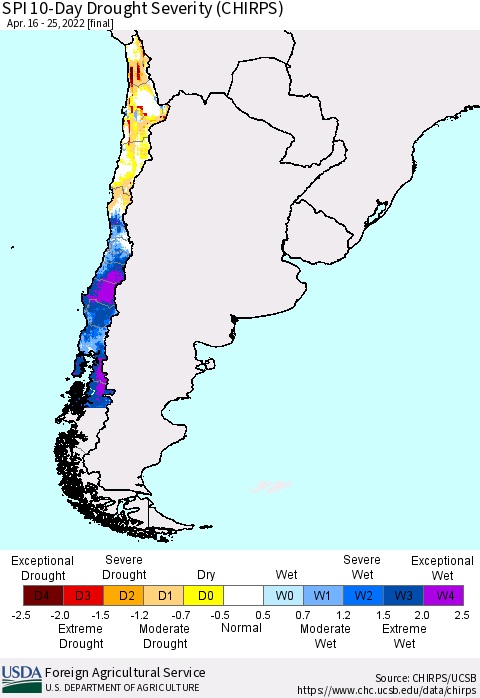 Chile SPI 10-Day Drought Severity (CHIRPS) Thematic Map For 4/16/2022 - 4/25/2022
