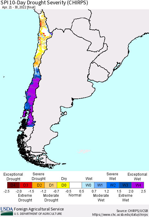 Chile SPI 10-Day Drought Severity (CHIRPS) Thematic Map For 4/21/2022 - 4/30/2022