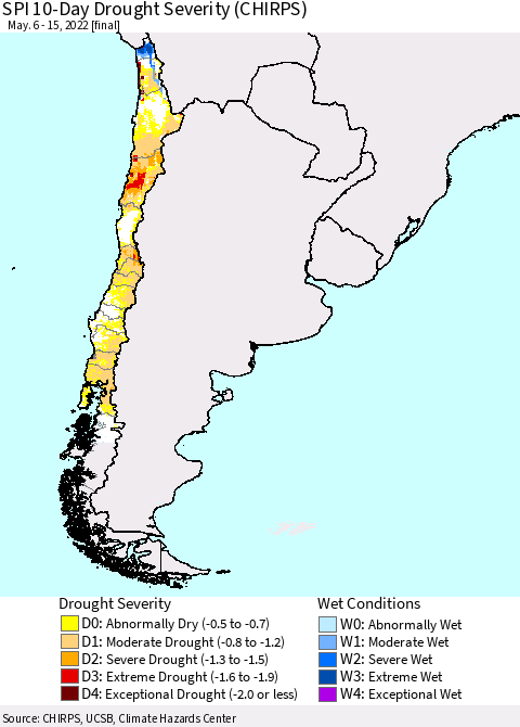 Chile SPI 10-Day Drought Severity (CHIRPS) Thematic Map For 5/6/2022 - 5/15/2022