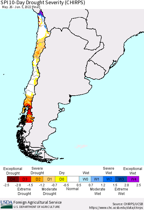 Chile SPI 10-Day Drought Severity (CHIRPS) Thematic Map For 5/26/2022 - 6/5/2022