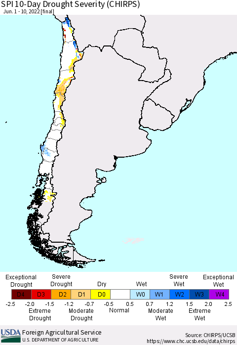 Chile SPI 10-Day Drought Severity (CHIRPS) Thematic Map For 6/1/2022 - 6/10/2022
