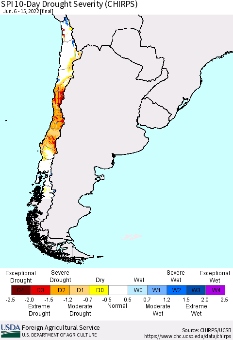 Chile SPI 10-Day Drought Severity (CHIRPS) Thematic Map For 6/6/2022 - 6/15/2022