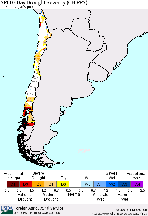 Chile SPI 10-Day Drought Severity (CHIRPS) Thematic Map For 6/16/2022 - 6/25/2022