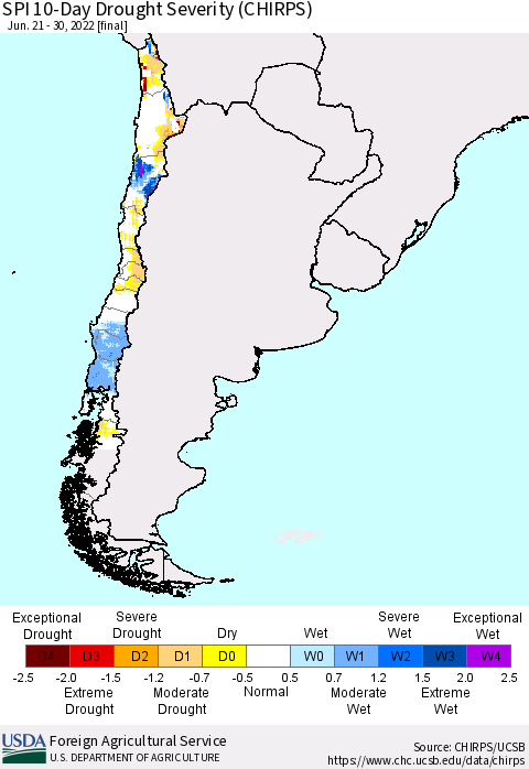 Chile SPI 10-Day Drought Severity (CHIRPS) Thematic Map For 6/21/2022 - 6/30/2022