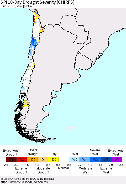 Chile SPI 10-Day Drought Severity (CHIRPS) Thematic Map For 6/21/2022 - 6/30/2022