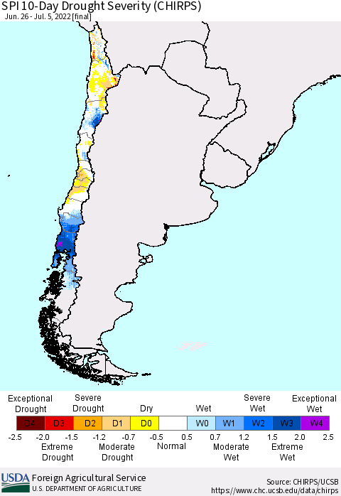 Chile SPI 10-Day Drought Severity (CHIRPS) Thematic Map For 6/26/2022 - 7/5/2022