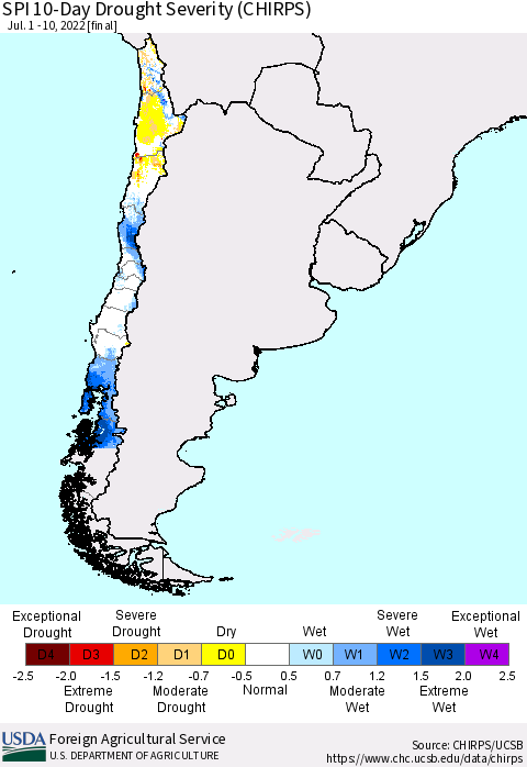 Chile SPI 10-Day Drought Severity (CHIRPS) Thematic Map For 7/1/2022 - 7/10/2022