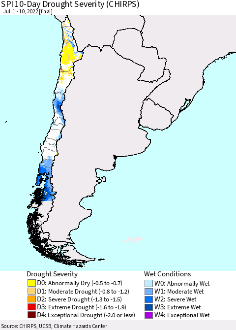 Chile SPI 10-Day Drought Severity (CHIRPS) Thematic Map For 7/1/2022 - 7/10/2022