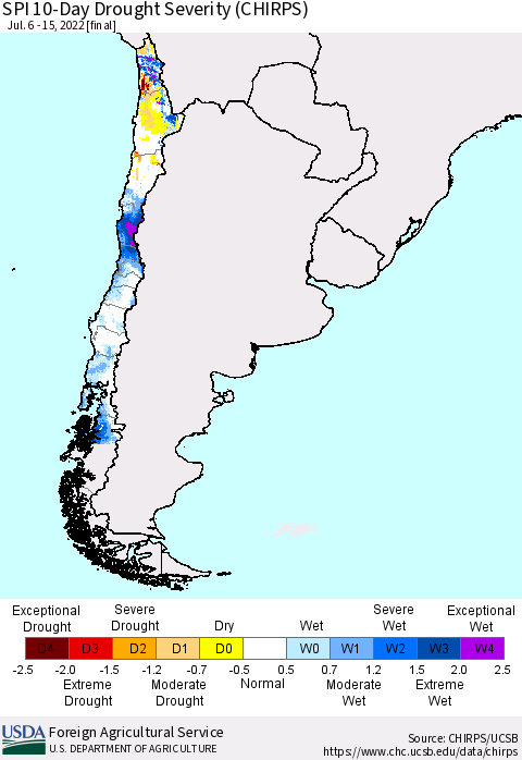 Chile SPI 10-Day Drought Severity (CHIRPS) Thematic Map For 7/6/2022 - 7/15/2022