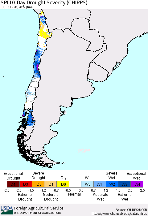 Chile SPI 10-Day Drought Severity (CHIRPS) Thematic Map For 7/11/2022 - 7/20/2022