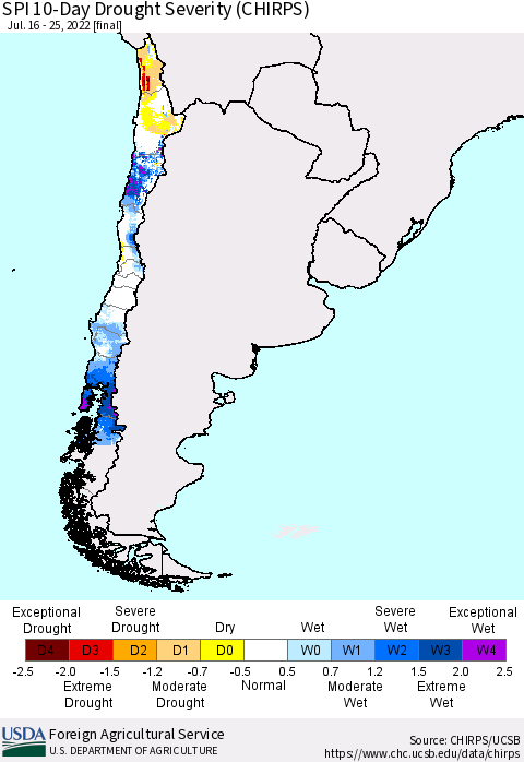 Chile SPI 10-Day Drought Severity (CHIRPS) Thematic Map For 7/16/2022 - 7/25/2022