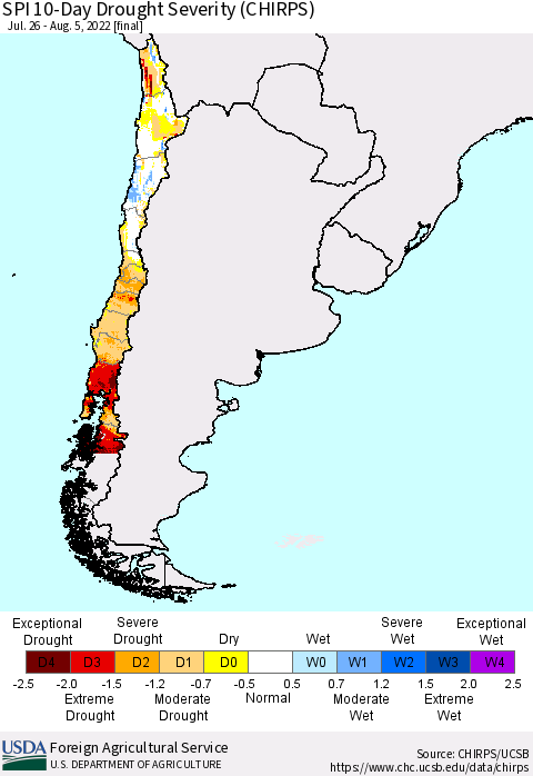 Chile SPI 10-Day Drought Severity (CHIRPS) Thematic Map For 7/26/2022 - 8/5/2022