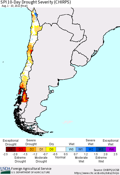 Chile SPI 10-Day Drought Severity (CHIRPS) Thematic Map For 8/1/2022 - 8/10/2022