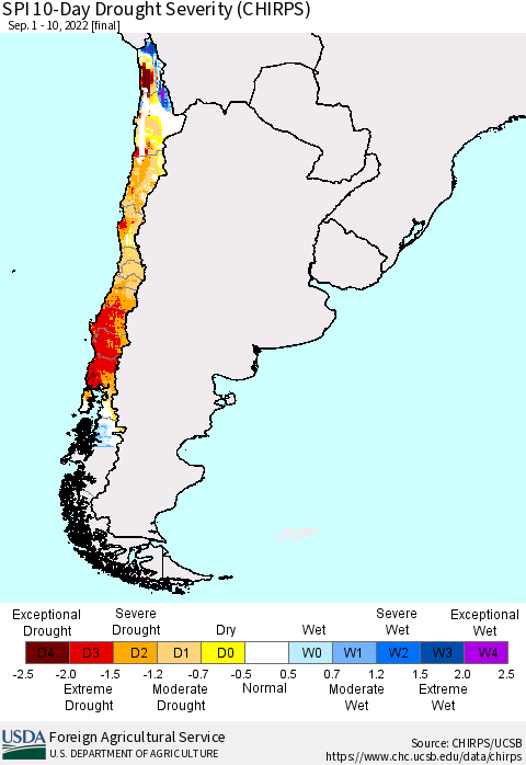 Chile SPI 10-Day Drought Severity (CHIRPS) Thematic Map For 9/1/2022 - 9/10/2022