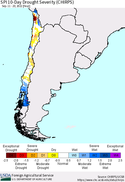 Chile SPI 10-Day Drought Severity (CHIRPS) Thematic Map For 9/11/2022 - 9/20/2022