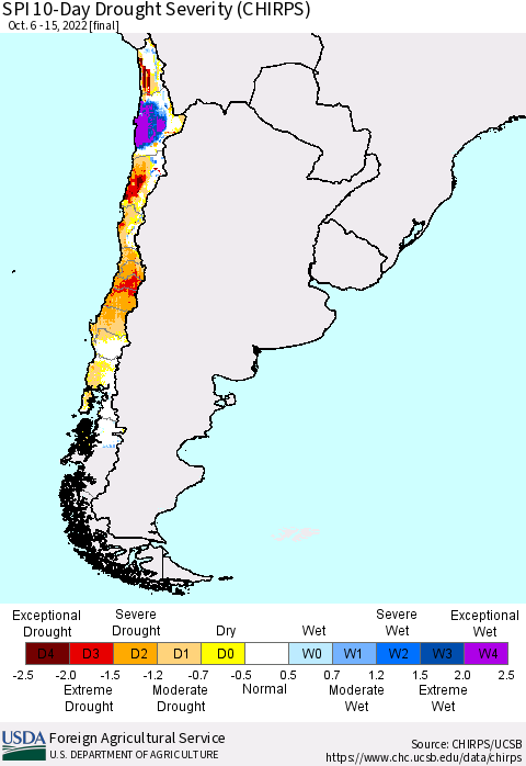 Chile SPI 10-Day Drought Severity (CHIRPS) Thematic Map For 10/6/2022 - 10/15/2022