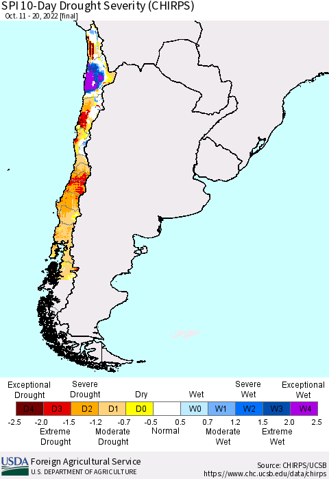 Chile SPI 10-Day Drought Severity (CHIRPS) Thematic Map For 10/11/2022 - 10/20/2022